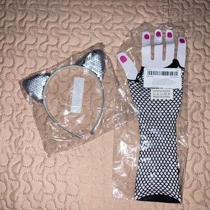 Long Net Gloves Cat Ears Head Band Costume Party Halloween Silver Sequins